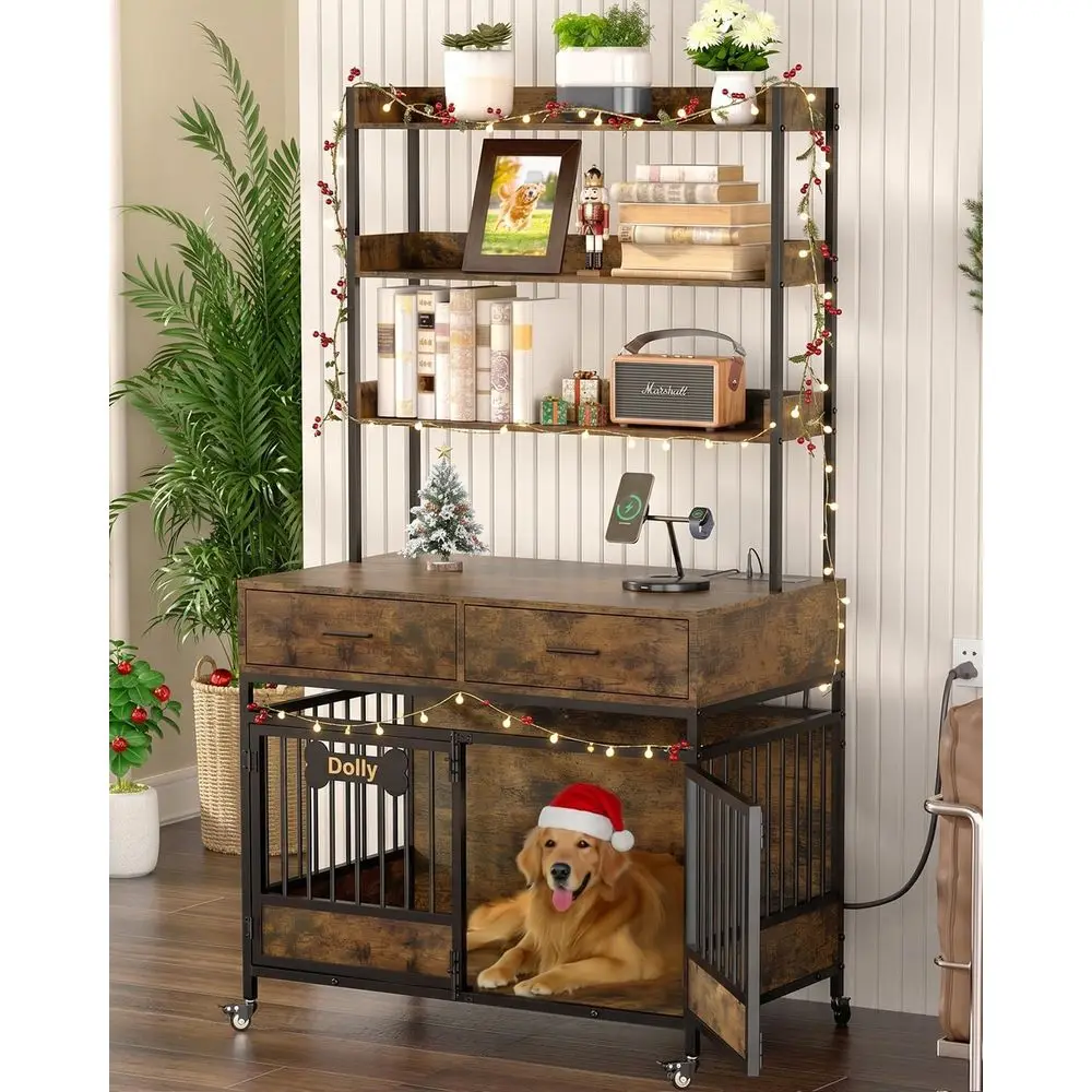 

40 LED-lit Dog Crate with Storage Drawers, Heavy Duty Indoor Kennel for Medium/Small Dogs, Wooden Cage with Power Outlets, Locka