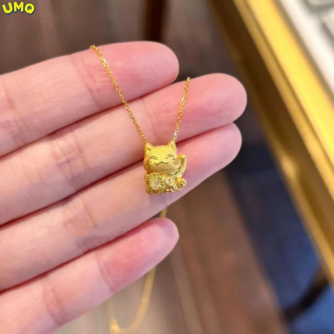 

Guochao Lucky Cat Plated 100% Real Gold 24k 999 Pendant Female 18K Inlaid Yellow Diamond Cute Clavicle Chain Gift Pure Jewelry