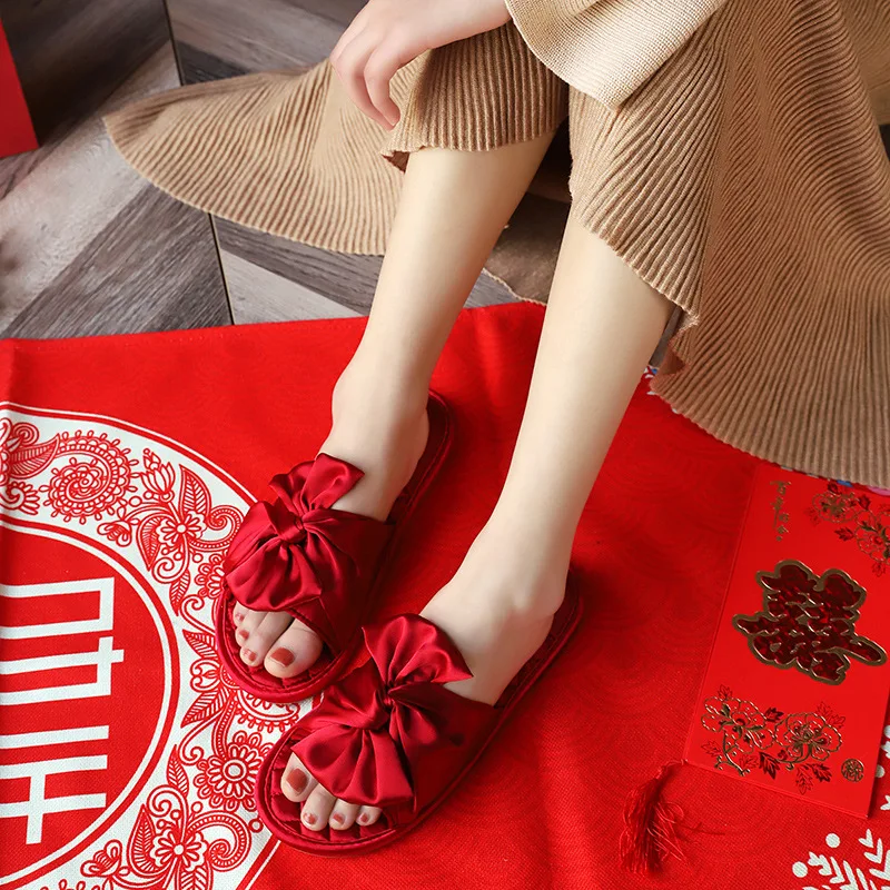 New Wedding Slippers Ladies Summer Shoes Satin Bow Bridesmaid Slippers Solid Color Women Platform Sandals Zapatos De Mujer