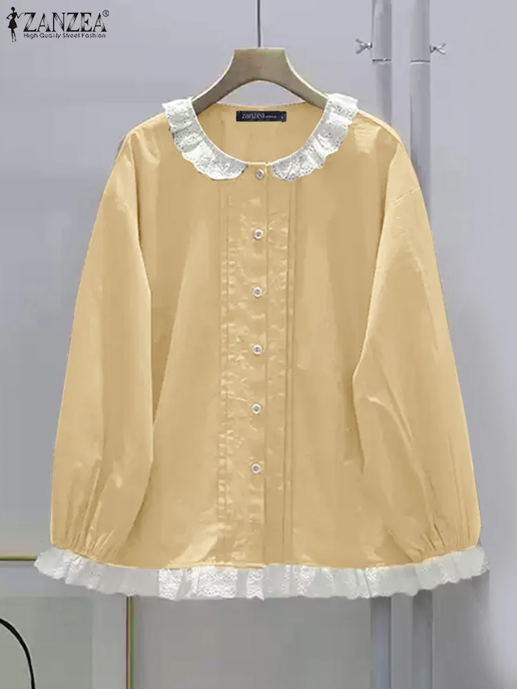 ZANZEA Women Autumn 2024 Shirts Drop-shoulder Pleated-bib Elegant Solid Blouses Lace Trim Peter-pan Collar Long Sleeve Blusas