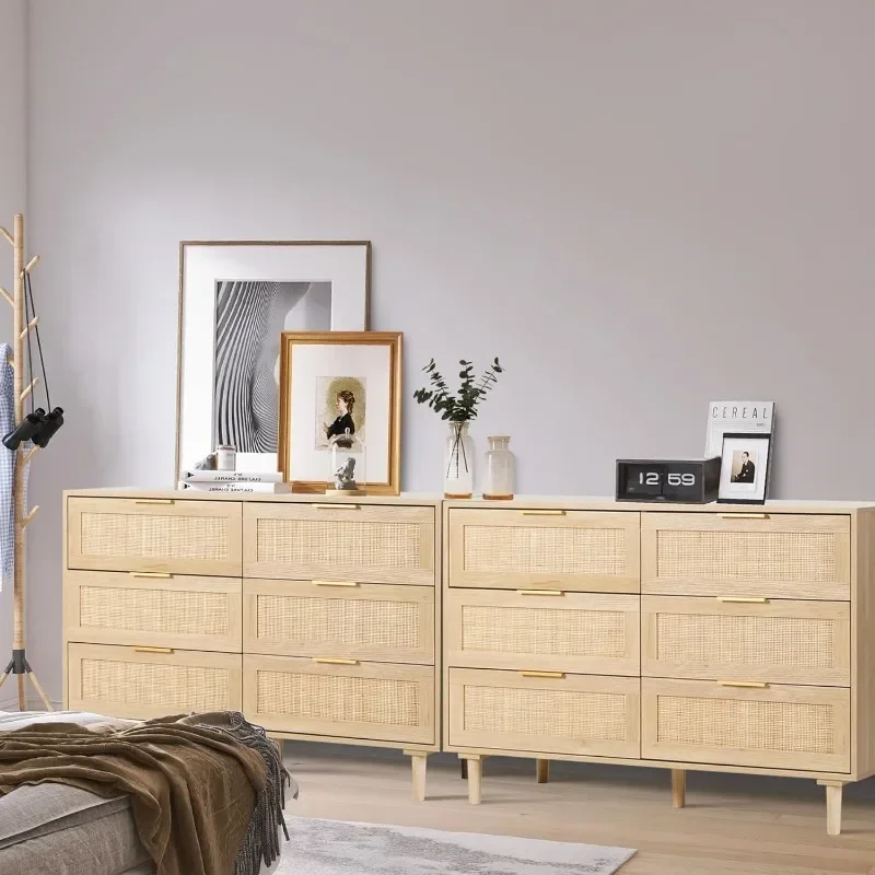 Commode en rotin pour chambre à coucher, commode moderne double 6 MELDouble avec foy doré, commode de rangement en bois, portes de proximité pour chambre à coucher, naturel