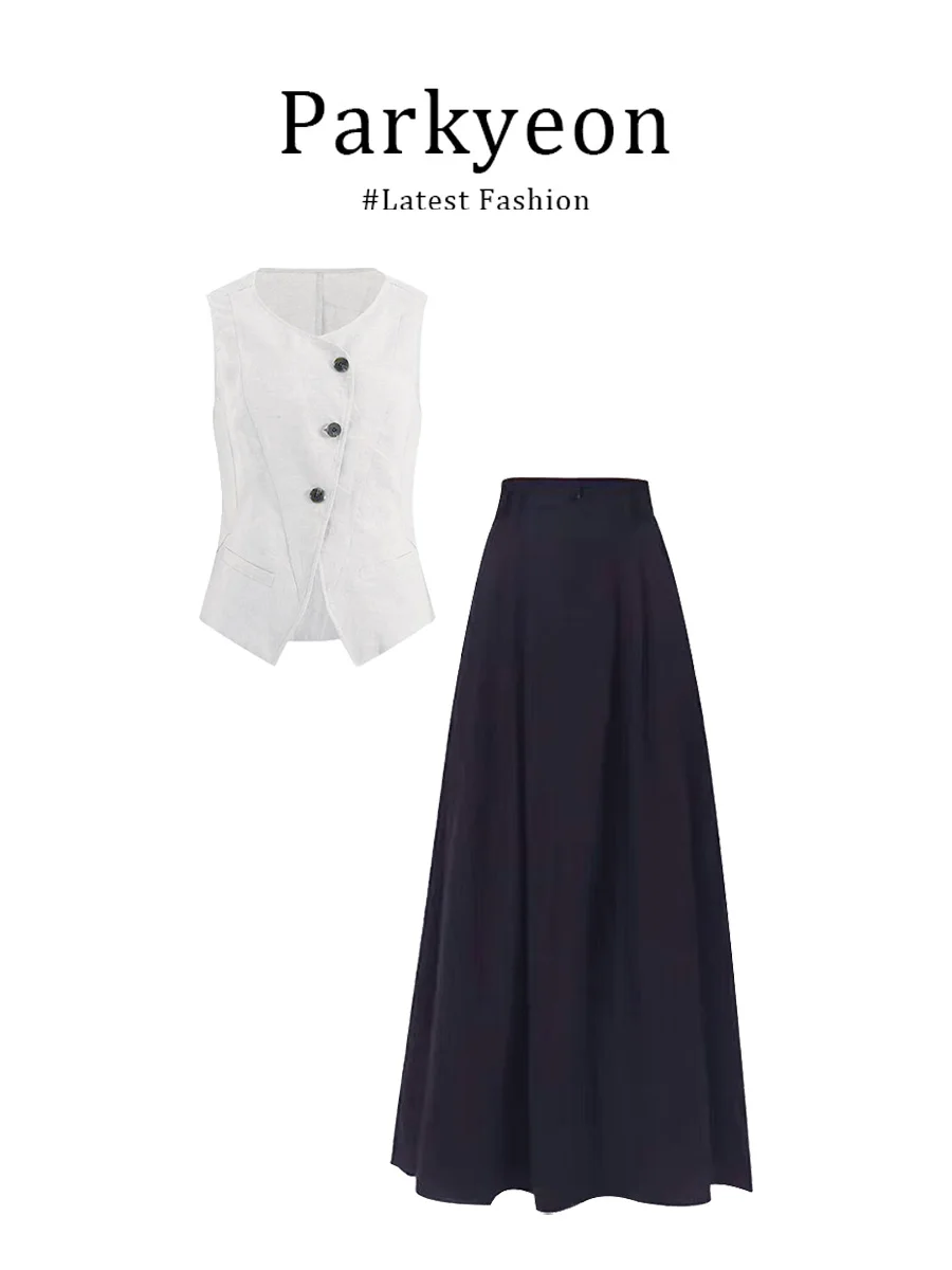 

Модный универсальный комплект Parkyeon: топ без рукавов и элегантная юбка-полусолнце, женский летний наряд во французском стиле с круглым вырезом