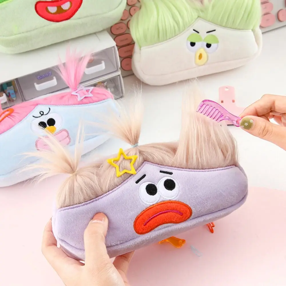 

DIY Fluffy Hair Afro-Hair Doll Pen Bag Large Capacity Zipper Pencil Case Holder Stationery Storage Funny Soft Plush Pen Bag