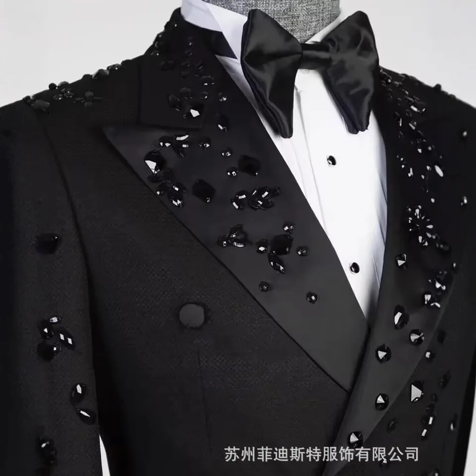 New Arrival Fashion Plus Size Men Two-piece Set Beaded Business Banquet Cocktail Suit Black