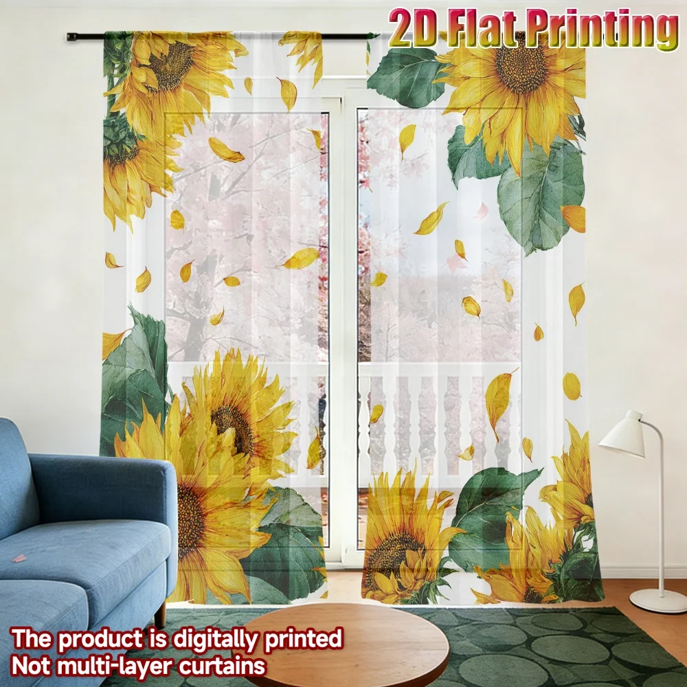 2PCS Digital Printed Sheer Curtain, Four Corner Sunflowers, Border Frame Rustic Floral for Living Room Bedroom Home Decor