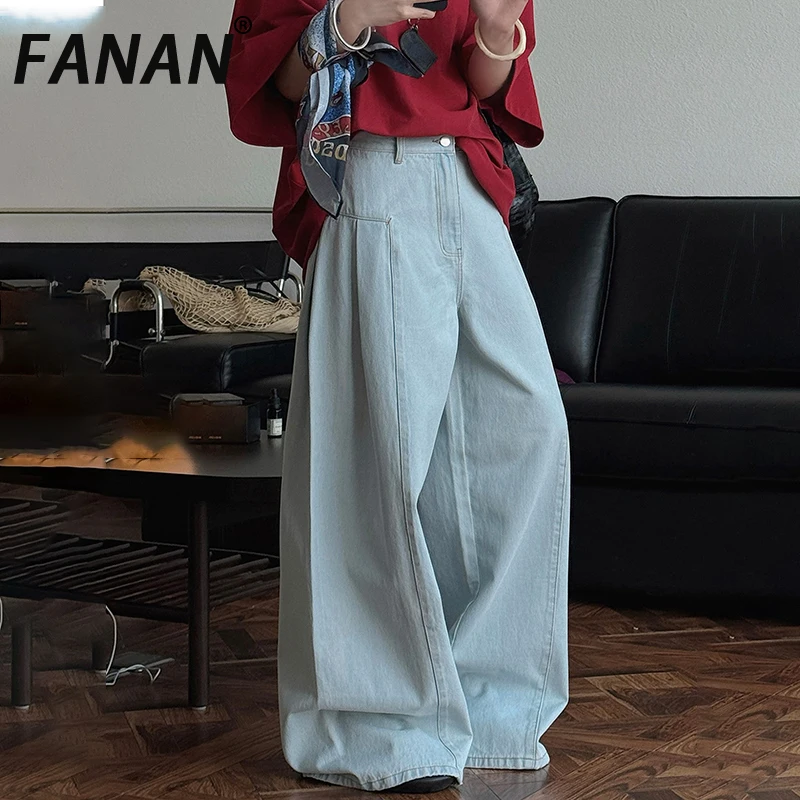 

FANAN Washed Spliced Jeans For Women High Waist Straight Wide Leg Denim Pants Fashion Streetwear Trousers Female 2025 Autumn New