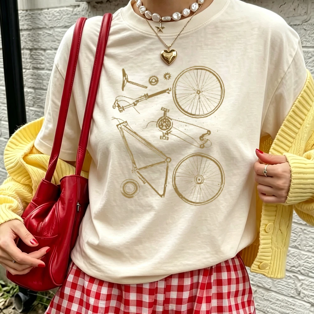Vintage Distressed Broken Bicycle Sketch Print Men Cotton T-shirt Bike Lover Retro Art Graphic Unisex Loose Fit Casual Tees Top
