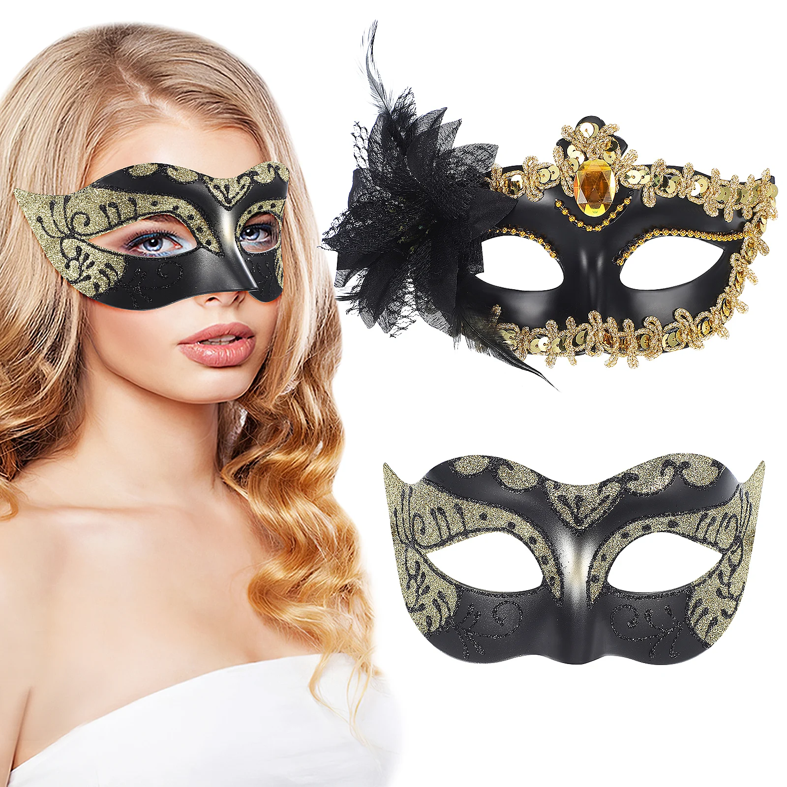 

2 pcs Masquerade Ball Masks Lightweight Comfortable Black Gold Plastic Couples Set Prom Masks Festive Accessories
