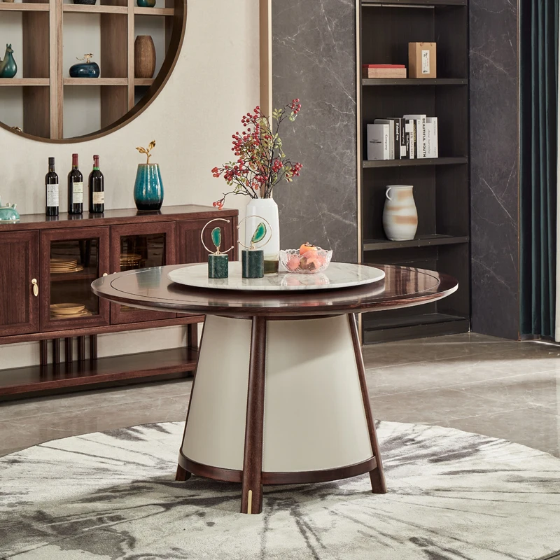 

New Chinese solid wood with turntable household ebony dining table light luxury dining table villa furniture