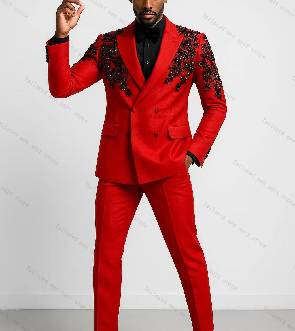 

Crystals Red Men Suits Set 2 Pieces Blazer+Pants Trousers Cotton Groom Wedding Tuxedos Jacket Formal Office Customized Male Coat