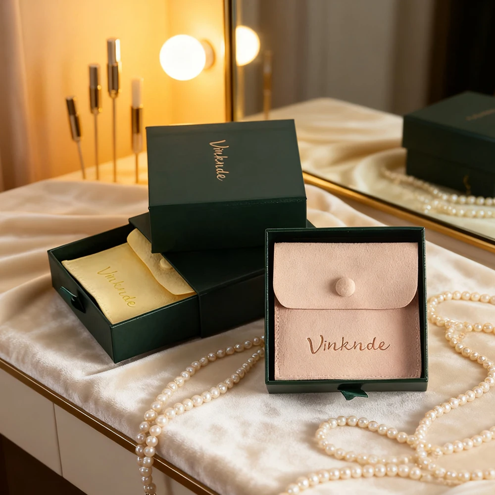 

24/50/100Sets 8x8cm Microfiber Suede Gift Bag Snap Button Pouch 9x9x3.2cm Green Paper Drawer Box Earrings Jewelry Packaging Case