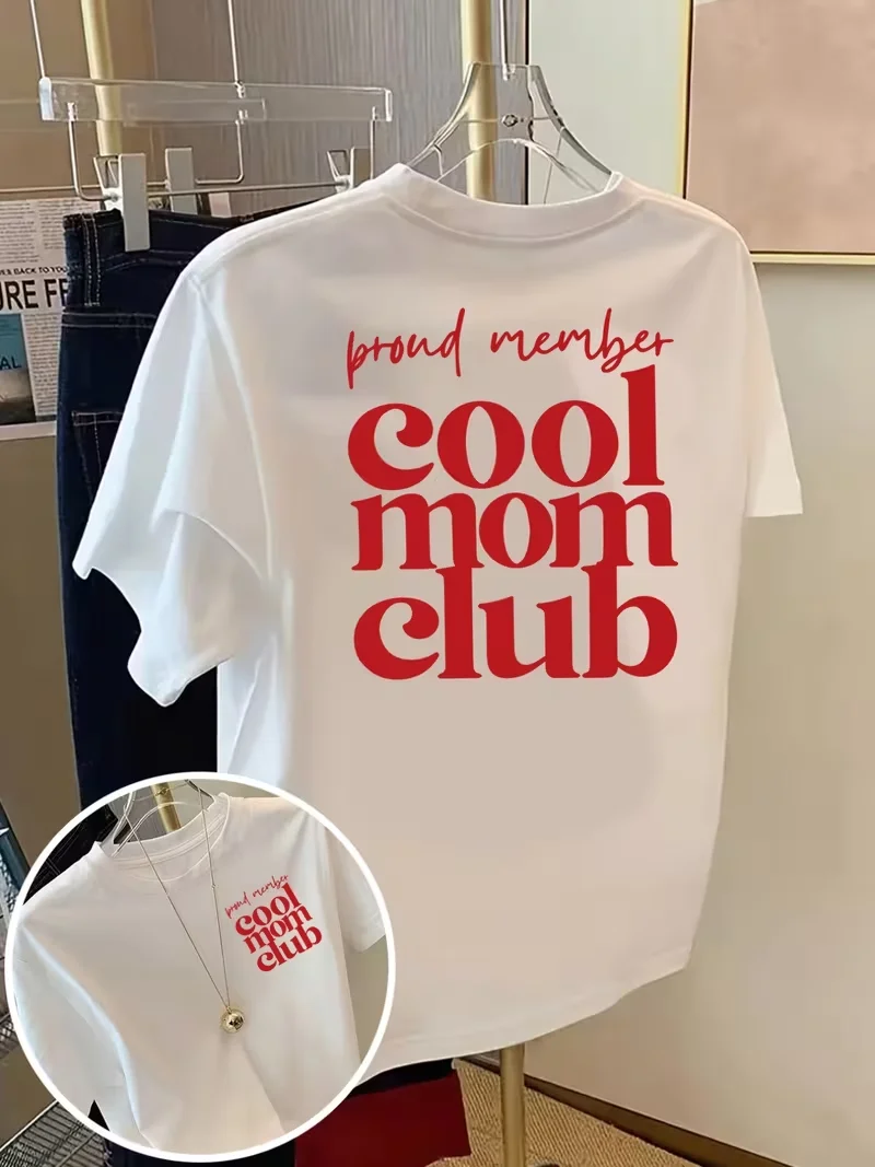 Retro Cool Mom Club T-Shirt mit Buchstaben-Grafik, entspanntes, lässiges T-Shirt für Männer und Frauen, für Reisen, Alltag, Urlaub, stilvolle Street-Looks – Detail 5