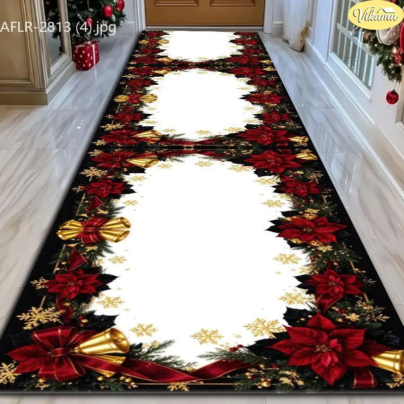 VIKAMA Black Red Poinsettia Bell Velvet Hallway Runner Non Slip Floor Mat for Holiday Soft Cozy Aesthetic Decorative Home Decor