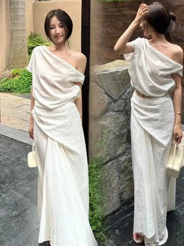

Summer Faion ort Sve T-irt And High Waist Skirt Two Piece Set Women's Design Sense Twist oulder White Slimming Outfit
