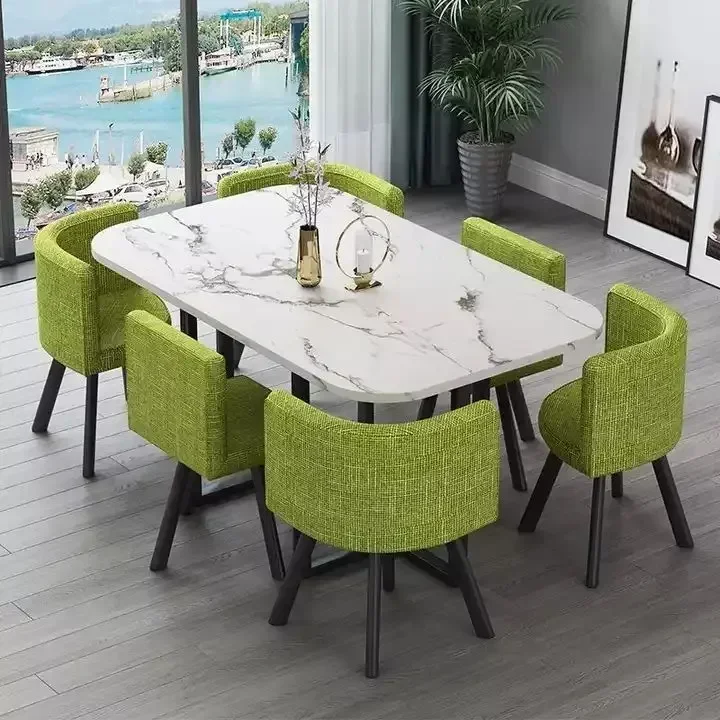 New 2024 Modern Marble Top White Classic Dining Table Living Room With 6 Chairs Set