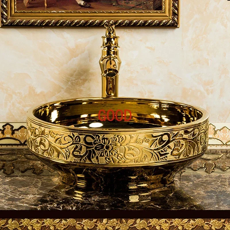 Luxury Golden Bathroom Sinks Simple Bathroom Fixtures Household Ceramic Washing Sink Creative Toilet Round Above Counter Basin