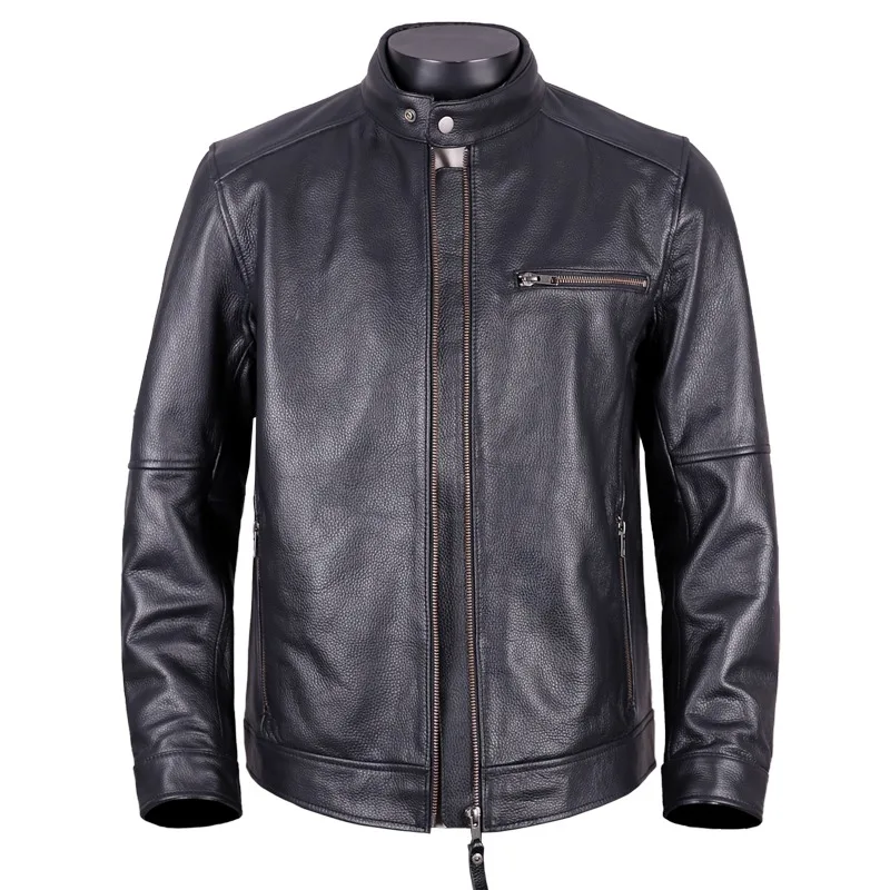 

2024 New Autumn Winter Black Short Stand-up Collar Men's First Layer Cowhide Leather Coats Motorcycle Genuine Leather Jackets