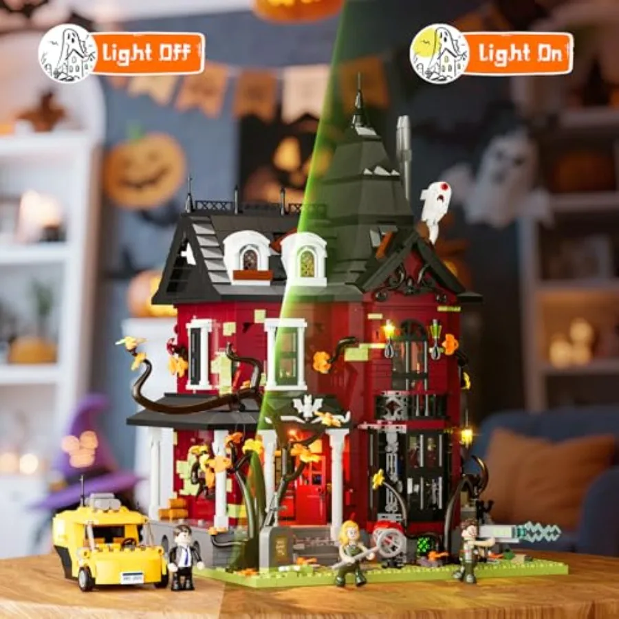 Halloween Midnight Haunted Mansion lighting building bricks set: ABS plastic, black and purple, glow-in-the-dark details, modul