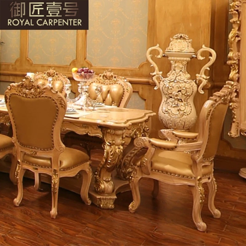 Furniture European restaurant solid wood hand-carved 1.8 meters rectangular dinner table and chair combination