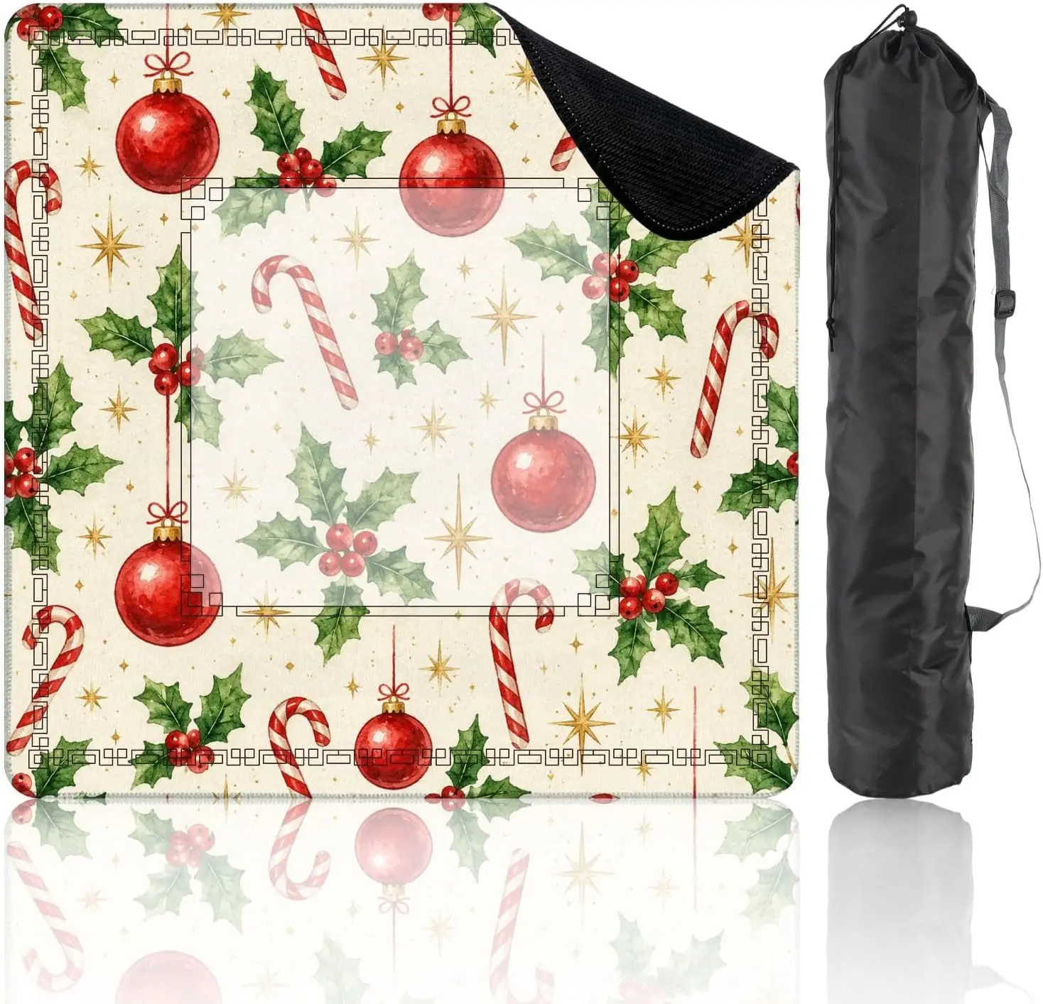 31.5x31.5 Christmas Red Baubles Holly Candy Canes Golden Stars Mahjong Mat Non‑slip Noise Reduction Table Cloth for Poker Card G