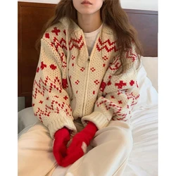 MEXZT Vintage Hooded Knitted Cardigan Women Christmas Jacquard Sweater Outerwear Winter Aesthetic Knitwear Long Sleeve Jumpers