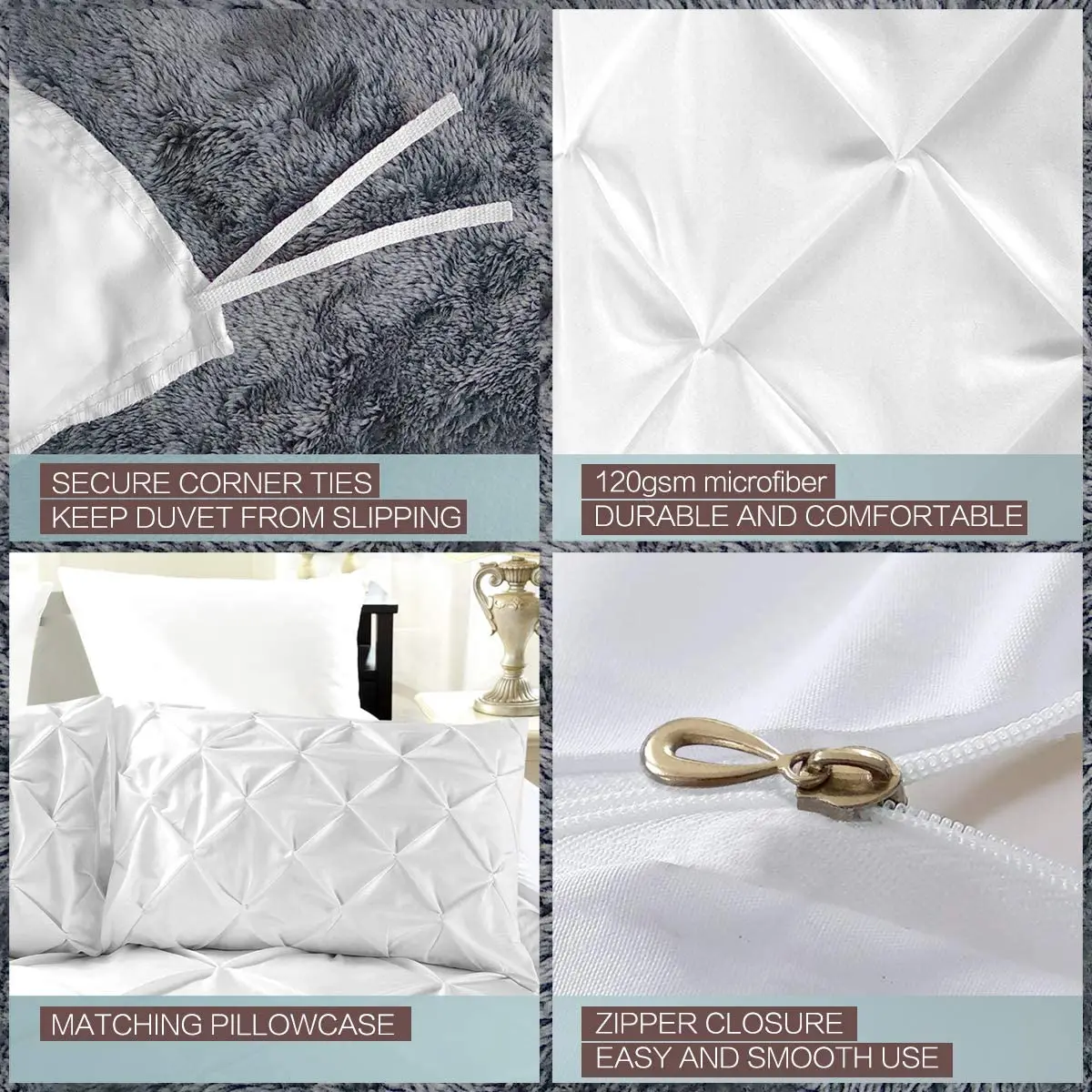 100% Egyptian Cotton Pinch Pleated Textured 3 Piece Duvet Cover with Zipper Closure & Corner Ties Bedding Set with Pillowcase