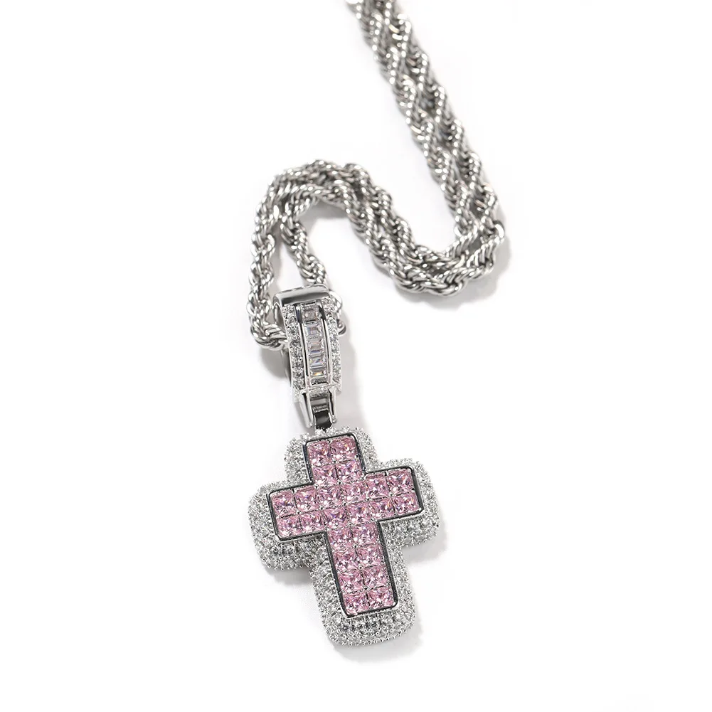 

Pink Purple Tiny Cross Iced Out Bling Pendant Necklace Mirco Pave Prong Setting Men Women Fashion Hip Hop Jewelry BP099