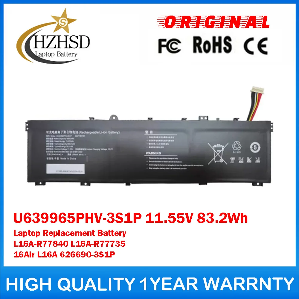 U639965PHV-3S1P 11.55V 83.2Wh 7200mAh Genuine Original Laptop Battery For Machenike L16A-R77840 L16A-R77735 16Air 626690-3S1P