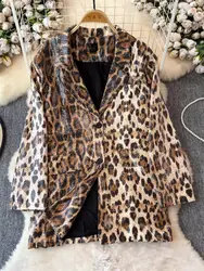 Street Satin Leopard Print Blazer Jacket 2024 Autumn Fashion Sequin Temperament Suit Collar Loose Coat Vintage Outerwear K1929