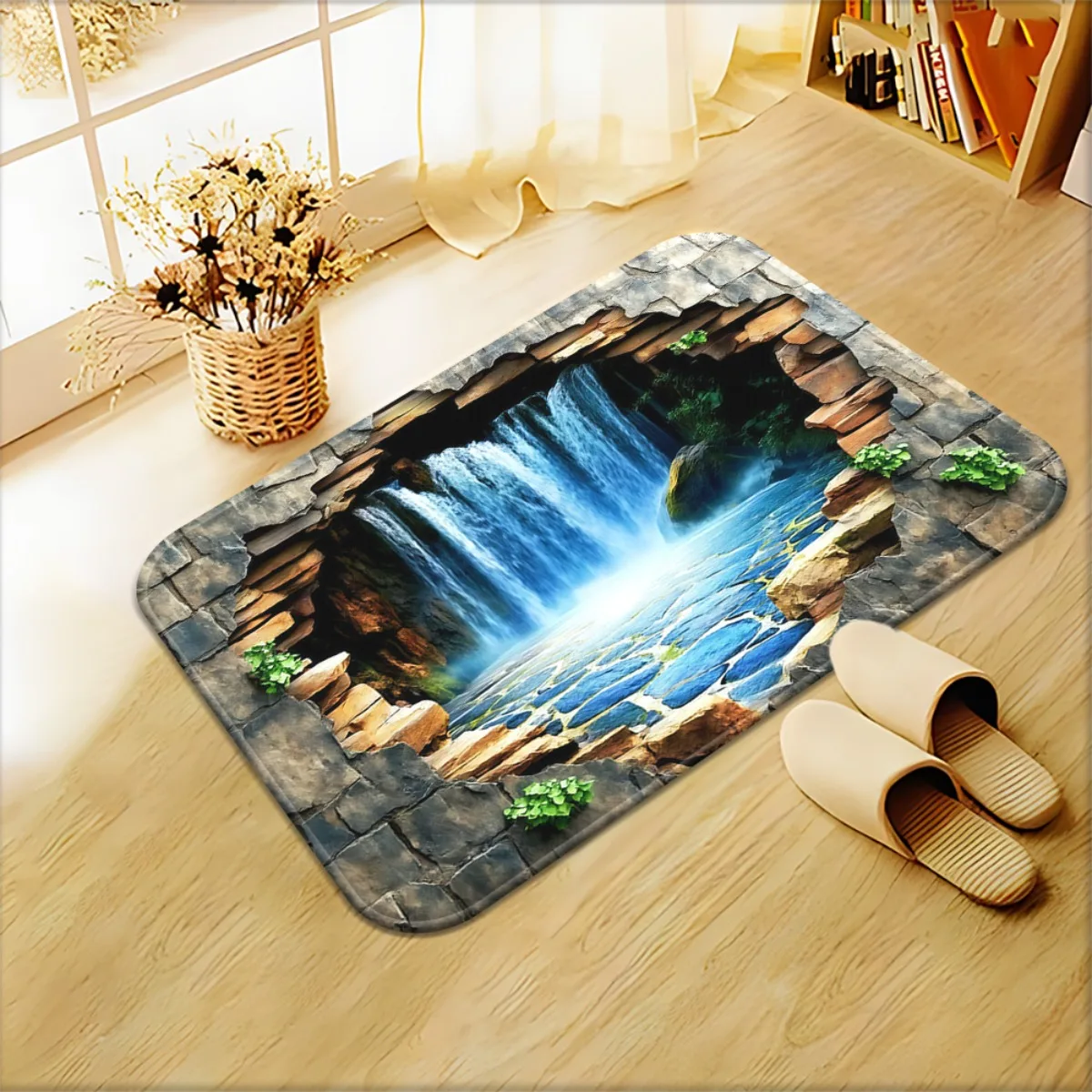 Stone Cave Design with Flowing Water, Non-Slip & Machine Washable for Entryway or Home Decor