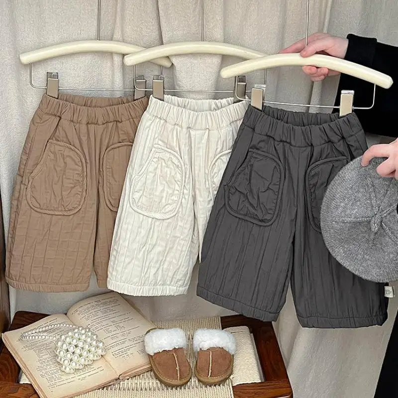 

2025 Winter New Baby Boy Warm Pants Solid Kids Girls Fleece Wide Leg Pants Solid Toddler Cotton Padded Pants Infant Clothes