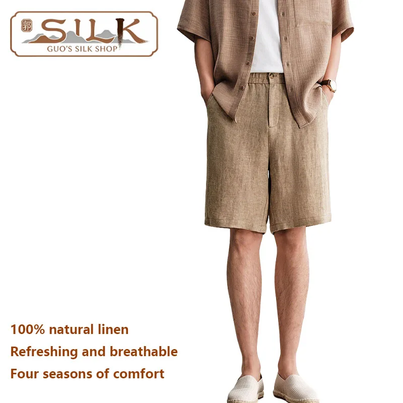 

High-end Natural Pure Linen Men's Five-Piece Pants Elastic Waist, Simple Style, Elegant Casual Shorts, Cool Breathable in Summer