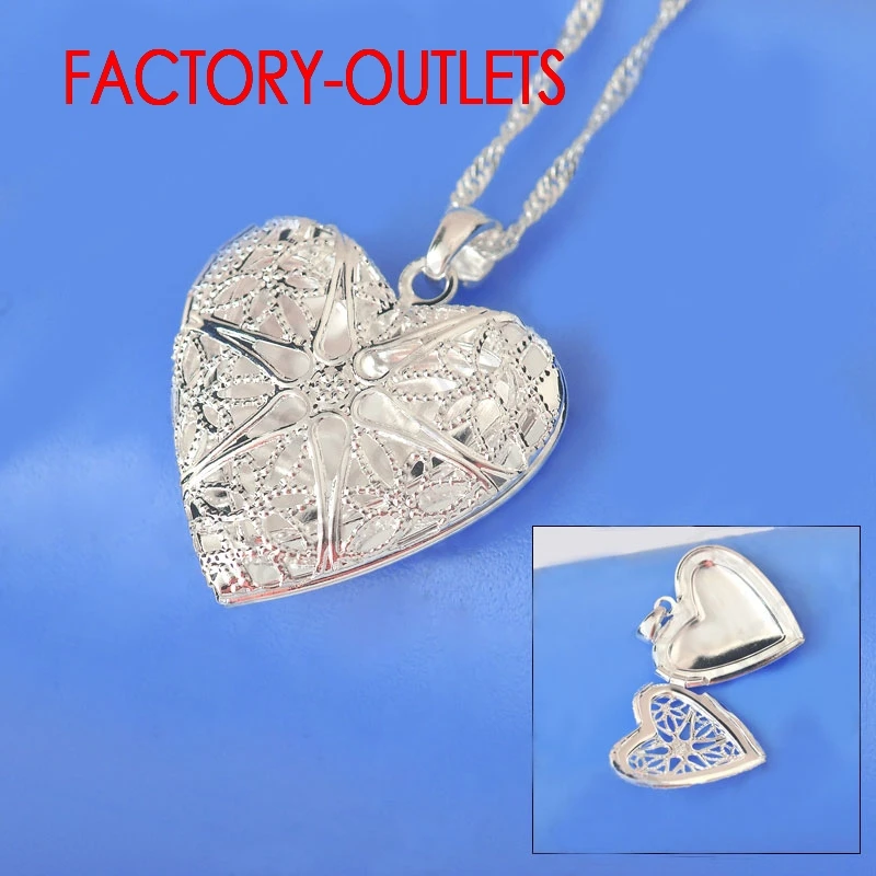 Genuine 925 Sterling Silver Pendant Necklaces White Heart Shape Open Case Frame Women Girls Anniversary Engagement Wholesale