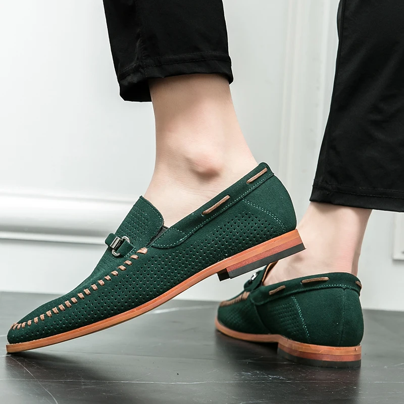 Cow Suede Loafers for Men Green Round Toe Slip-On Hand Sewn Wooden Root Base Black Brown Size 39-47