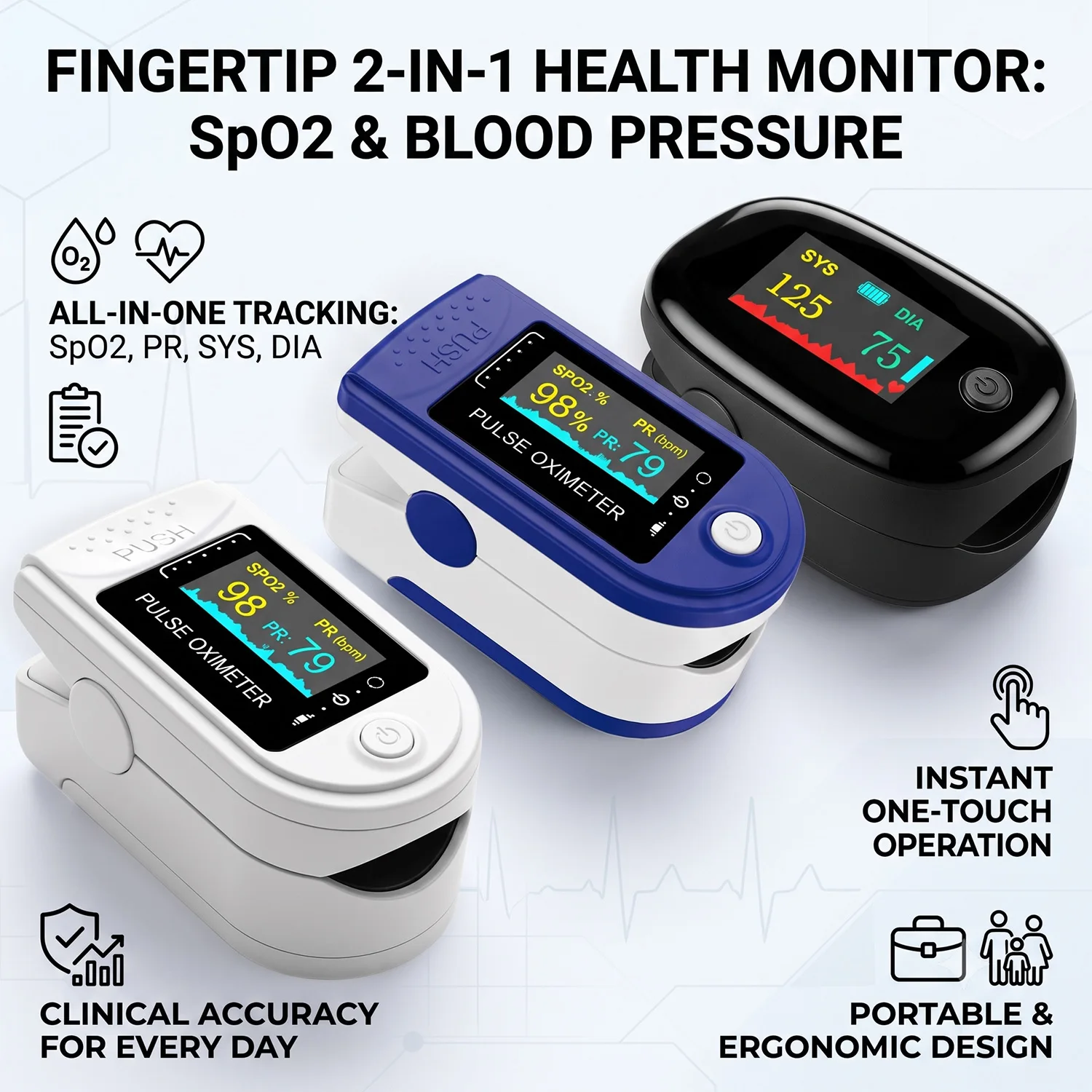 Image of Digitales Finger-Blutdruckmessgerät mit Pulsoximeter 2-in-1 Herzfrequenz-, Blutdruck- und Blutsauerstoffmessgerät