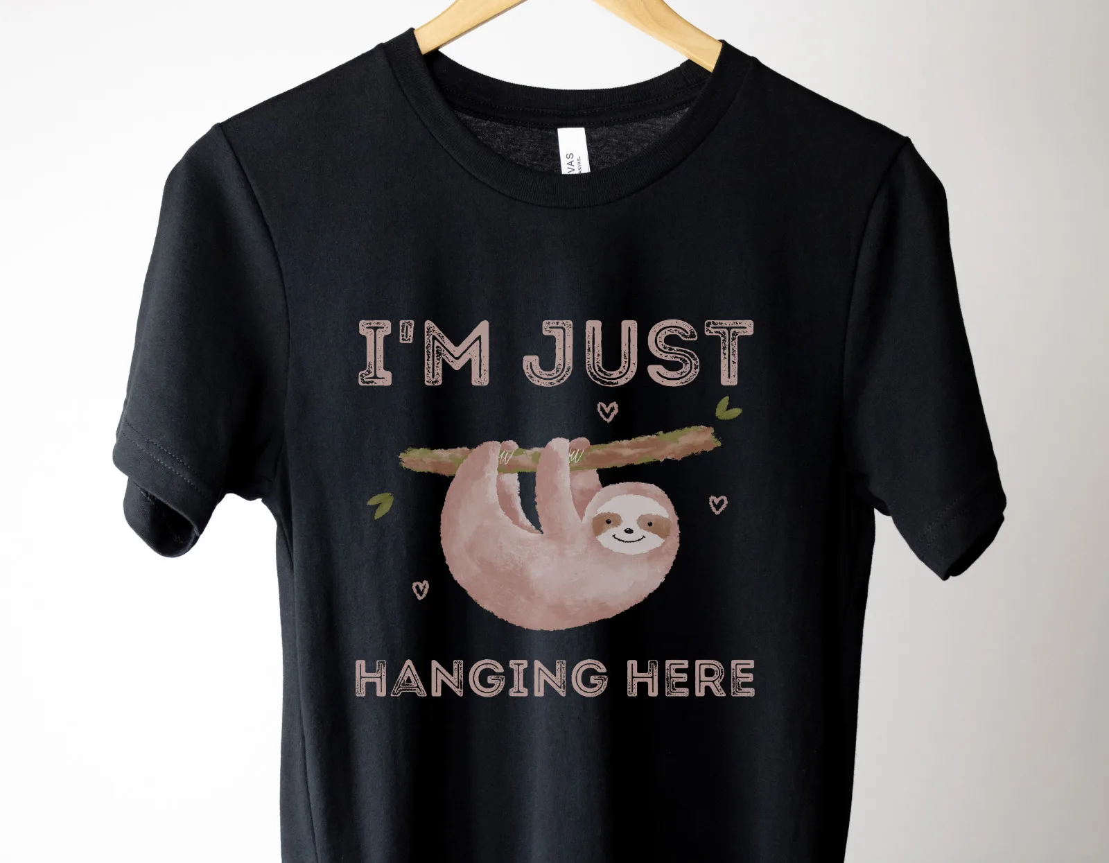 I'M JUST HANGING HERE T-Shirt Funny Cute Sloth Tee Shirt Design by TanoshiStudio