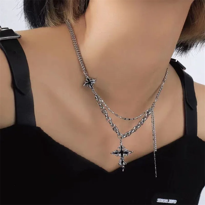 Punk Black Flame Cross Necklace For Men Women Trend Titanium Steel Chain Sweater Pendant Hip Hop Jewelry Cool Kpop Accessories