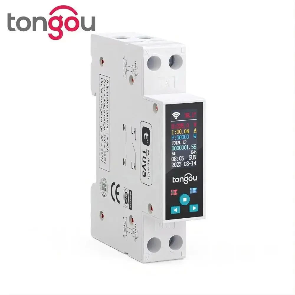 1P 50A Tuya WIFI Smart Switch Circuit Breaker LED Energy Meter KWh Power Metering Timer Relay Remote Control Smart Life APP