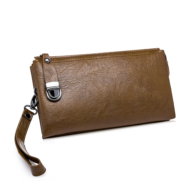 Bolso de mano Vintage de gran capacidad para hombre, billetera multifunción con broche y cremallera, bolsillo para teléfono móvil