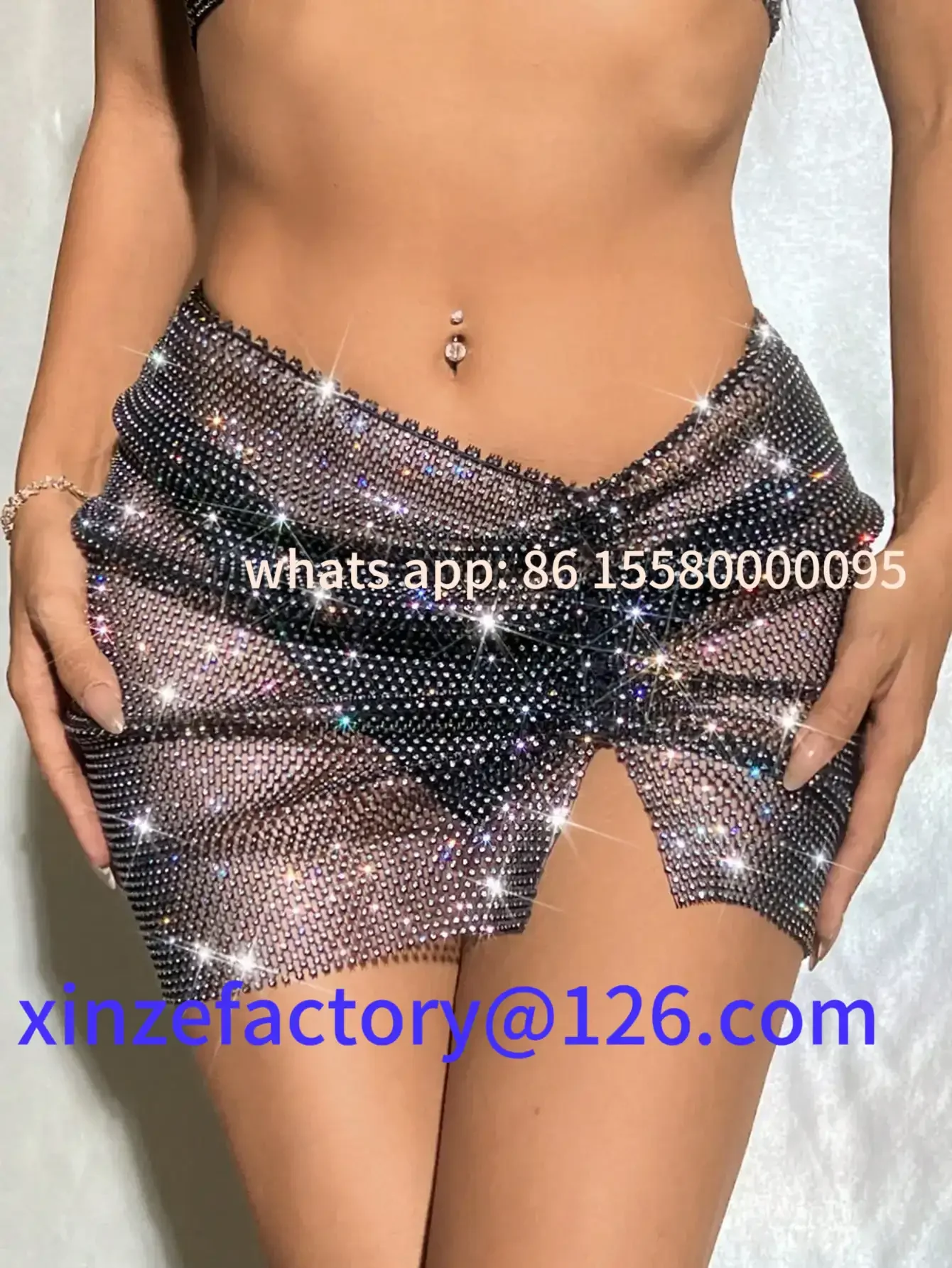 

Customizable Rhinestone Fishnet Skirt For Women Sexy Hollow See Through Side Split