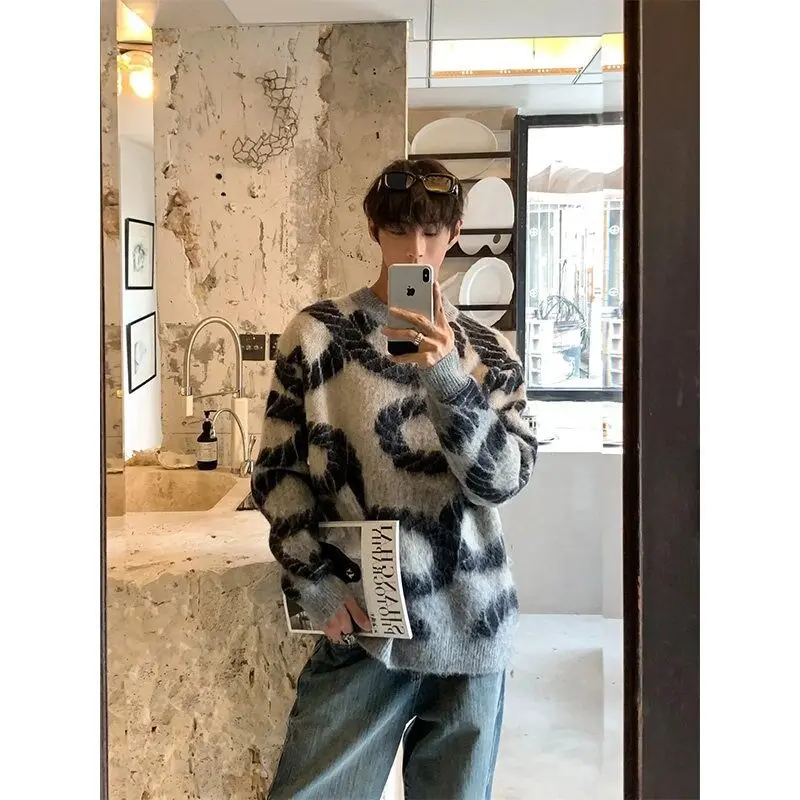 High street jacquard pulled wool sweater American vintage fall/winter loose rope design jacket