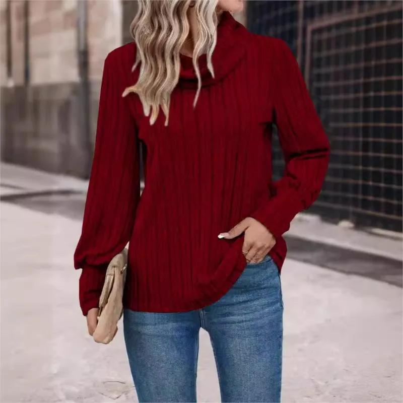 Autumn And Winter New T-shirt Women\'s Fashion Casual Solid Color High Neck Warm Long Sleeved Wine Red Loose T-shirt Women 2024