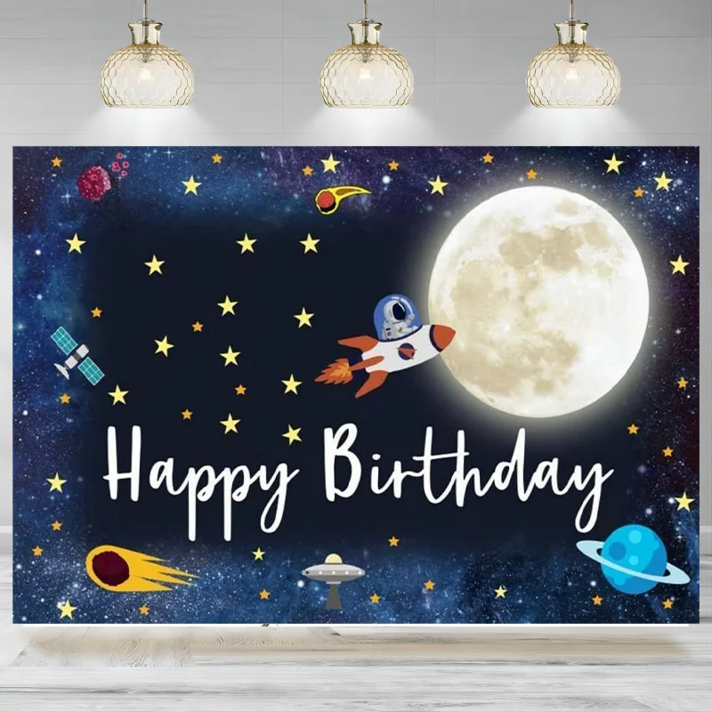 Outer Space Backdrop Birthday Party Universe Planet Astronaut Spacecraft Starry Sky Rocket Moon Photography Background Banner