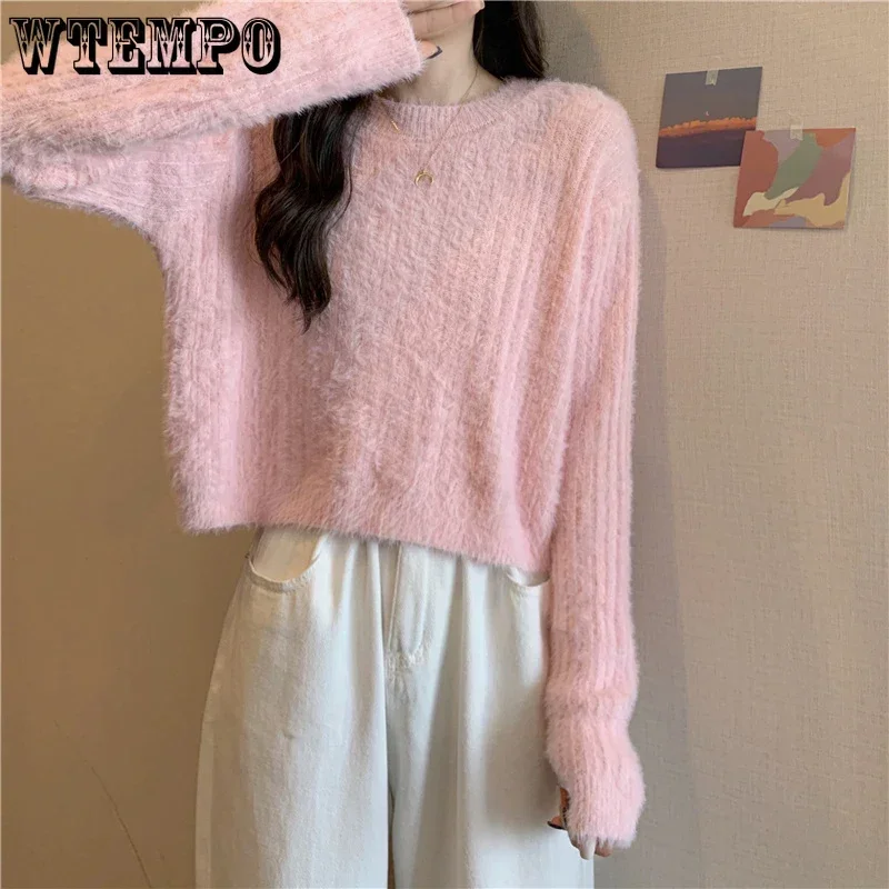 Y2K Cropped Sweater Pink Furry Solid Korean Fashion Pullover Knitted Sweaters Autumn Winter Long Sleeve Mohair Jumper Short Top