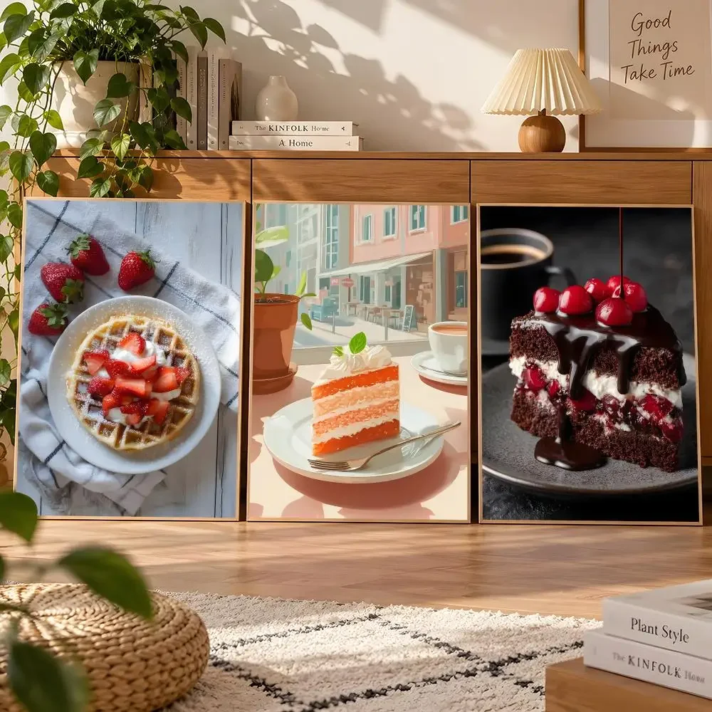Delicious Cake Coffee Still Life Strawberries Whipped Cream Poster Matte Wall Art Waterproof Room Decoration Bedroom