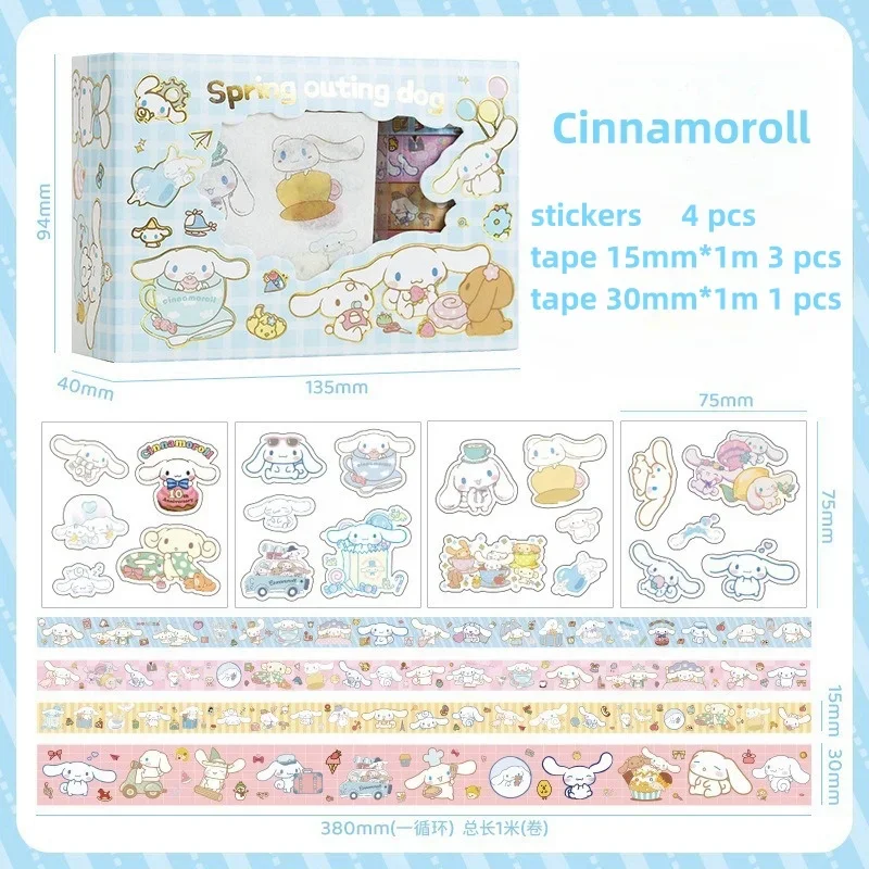 Hello Kitty Cinnamoroll Kuromi Melody Pompompurin Sanrio Sticker Roll Gift Box Cute Hand account Tape Stickers Decal Kids Toys