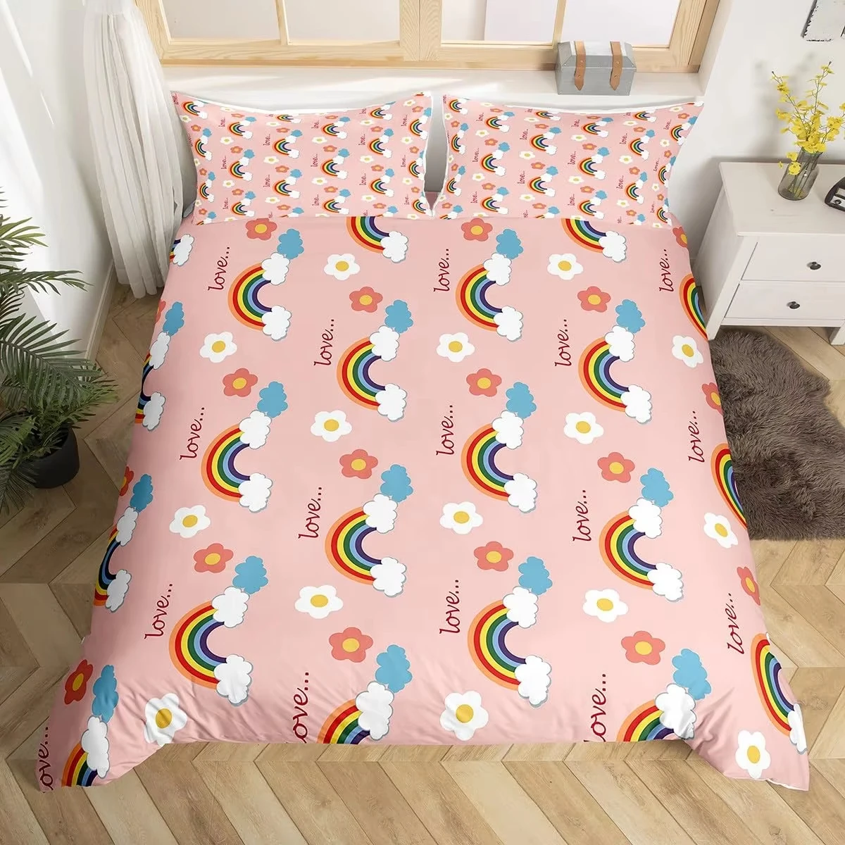 Kids Rainbow Full Queen Duvet Cover Pink Rainbow Floral Bedding Set Girly Kawaii Love Themed Comforter Cover with 2 Pillow Cases