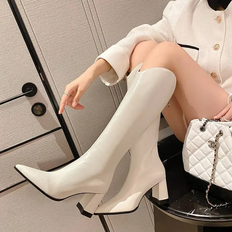 Krazing Pot Cow Leather Pointed Toe Thick High Heels Winter Knight Boots Model Runway Show Superstar Slip On Thigh High Boots