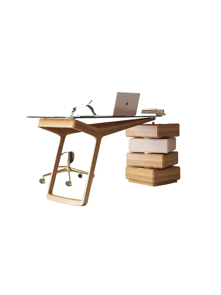 Premium special-shaped solid wood desk rotating drawer tempered glass study reading study table