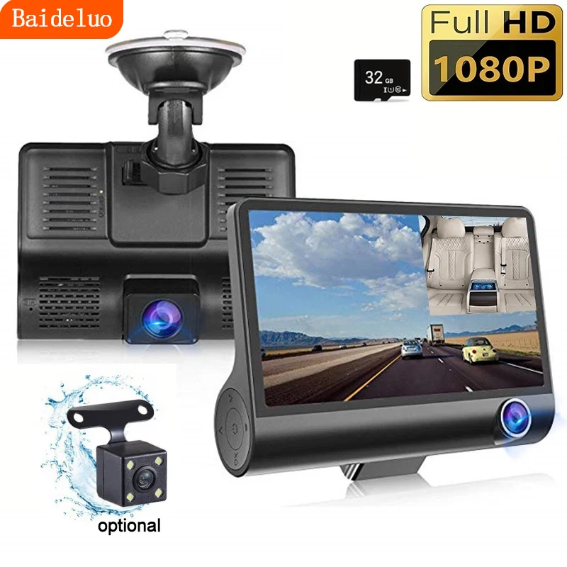 Hd 1080P night vision three lens dashcam suction cup car front, inside and rear synchronous cycle recording video